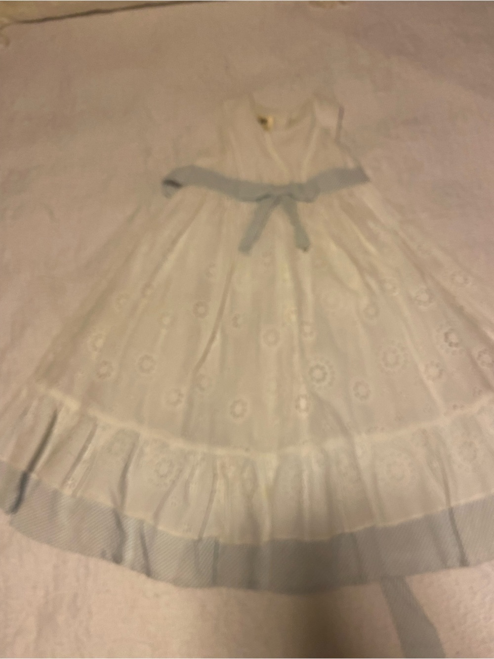 Laura Ashley White Eyelet Dress with Light Blue Sash and Trim